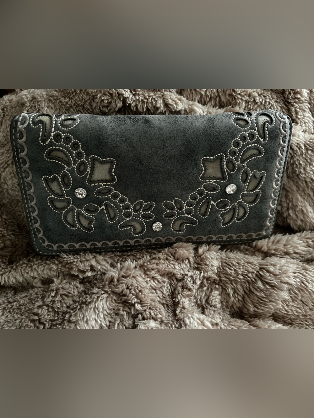 Montana West Gray Embroidered Wallet with Rhinestone Accents